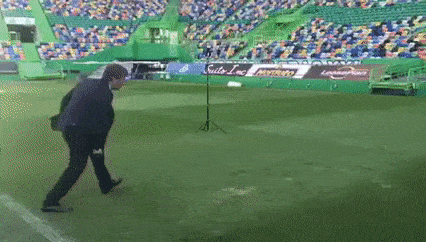 a man is walking on a soccer field in front of a large crowd .