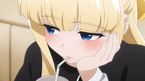 a blonde anime girl with blue eyes is drinking through a straw