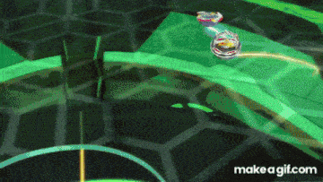 two beyblades are spinning on a green surface in a game .