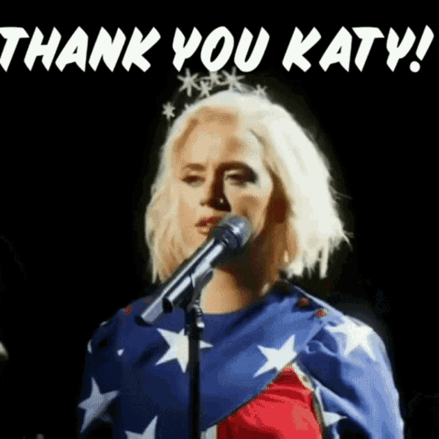 a woman is singing into a microphone with the words thank you katy written above her