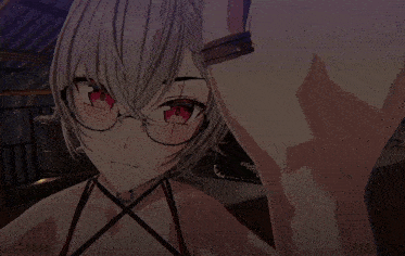 a girl with glasses and red eyes stands in front of a menu that says ' korean random '