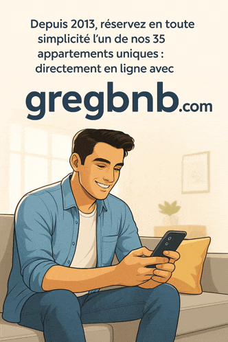 an advertisement for gregbnb.com shows a man sitting on a couch looking at a cell phone