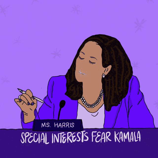 a cartoon of ms. harris holding a sword with special interests fear kamala and her pointed pen written below her