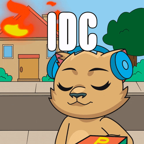 a cartoon cat wearing headphones is holding a box and the word idc is above him