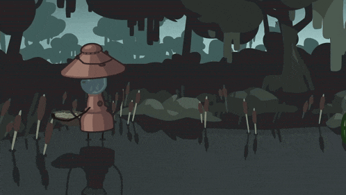 a green backpack is standing next to a lantern in the woods