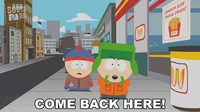 two south park characters standing in front of a mcdonalds