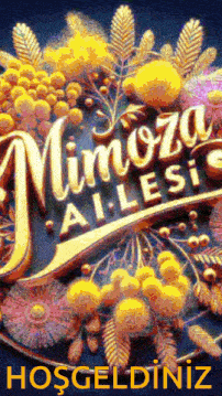 a sign that says mimoza ailesi is surrounded by yellow flowers and leaves