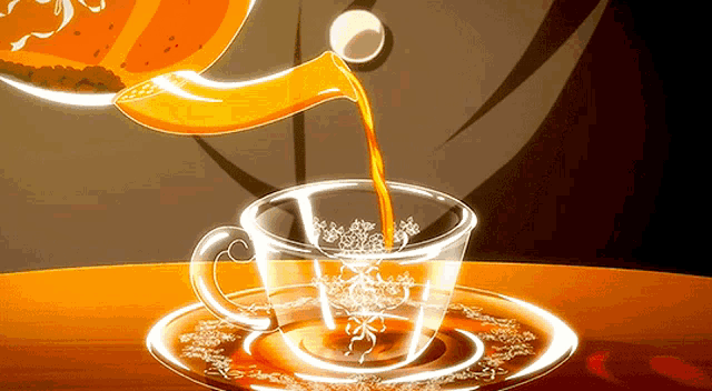 a cup of tea is being poured into a saucer