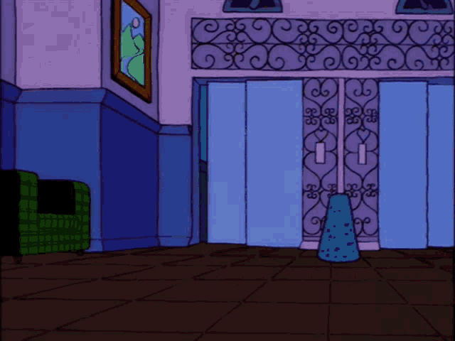 a group of simpsons characters standing next to each other in a hallway