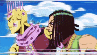 a cartoon of a man and a woman standing next to each other in front of a blue sky .