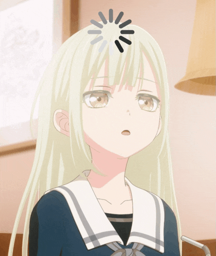 a girl with long blonde hair has a loading circle on her head