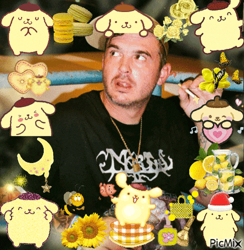 a man wearing a pompompurin hat is surrounded by cartoon characters