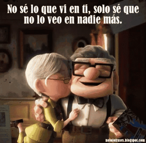 a cartoon of an elderly couple kissing with a spanish caption
