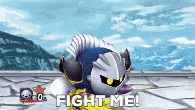 a video game character says " fight me " in front of a mountain