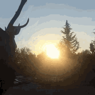 the sun shines brightly through the trees behind a statue of a deer