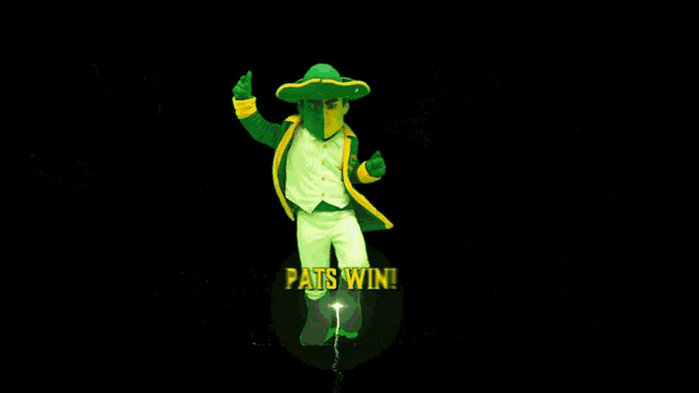 a sign that says pats win with a leprechaun and fireworks
