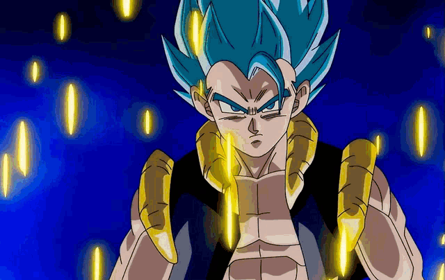a drawing of a man with blue hair and gold armor