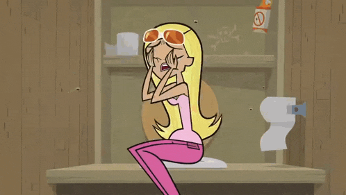 a cartoon of a girl sitting on a toilet with a sticker on the wall that says ' no smoking '