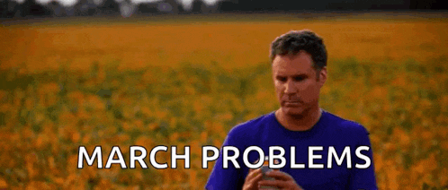a man in a purple shirt is holding a can of soda in front of a field of flowers and says march problems .