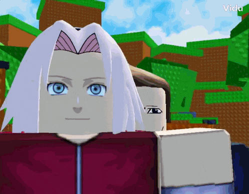 a girl with white hair and blue eyes is standing next to another girl