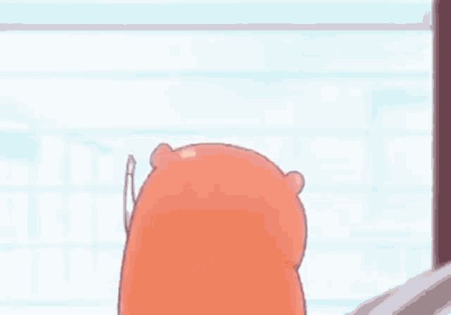 a cartoon girl wearing a hooded hat is standing in front of a window and making a funny face .