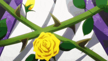 a yellow rose is surrounded by green stems and thorns