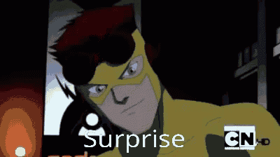 a cartoon character with surprise written on the bottom right