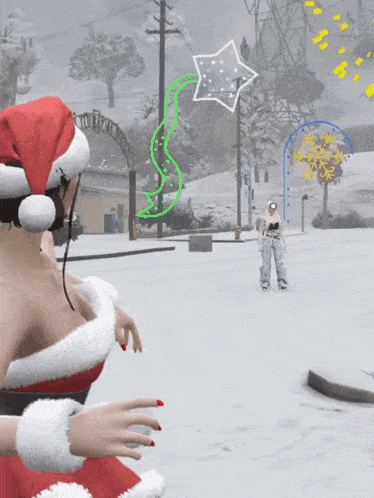 a woman in a santa hat stands in a snowy area