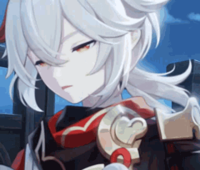 a close up of a anime girl with white hair and red eyes