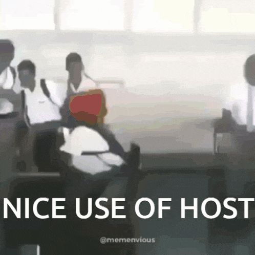 a group of people are sitting in a room with the words nice use of host