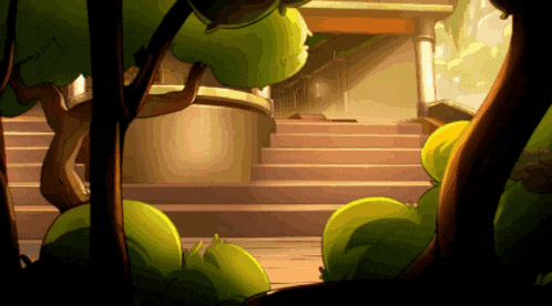 a cartoon drawing of a staircase with trees in the foreground