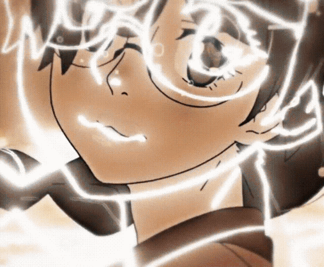 a close up of a cartoon character 's face with glowing lines around it