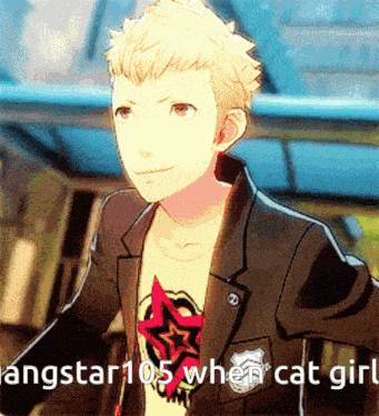 a man in a suit and a yellow shirt with a star on it is talking to a cat girl