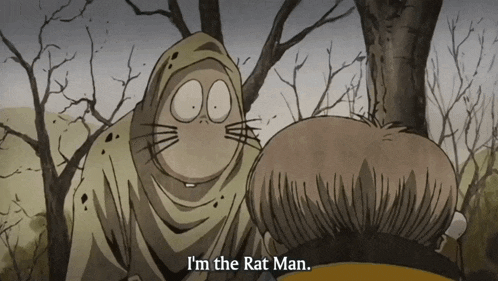 a cartoon character says " i 'm the rat man " while standing next to another character