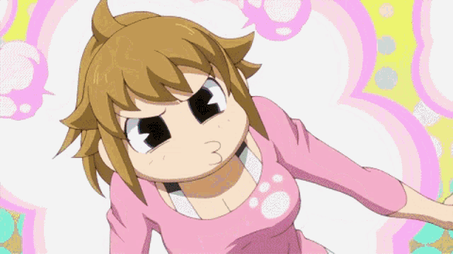 a girl in a pink shirt is making a funny face in front of a pink polka dot background