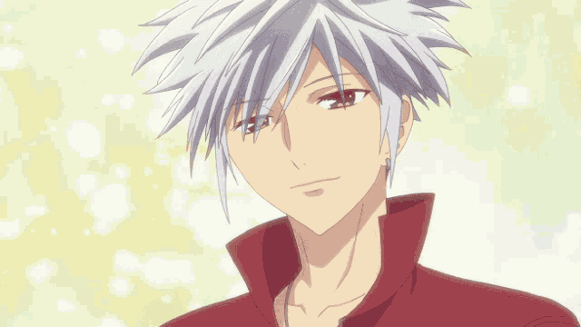 a cartoon character with white hair and a red shirt