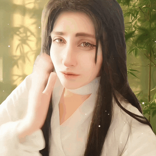 a woman with long dark hair is wearing a white shirt with a choker around her neck