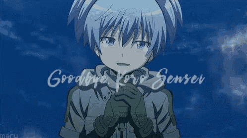 a boy with blue hair is holding his hands together in front of a blue sky with the words goodbye kore sensei written on it .