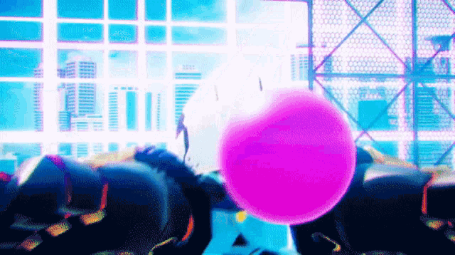 a large purple bubble is floating in the air