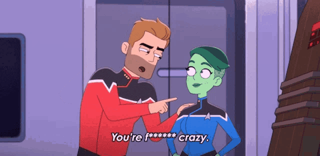 a cartoon of a man pointing at a woman who says " you 're f *** crazy "