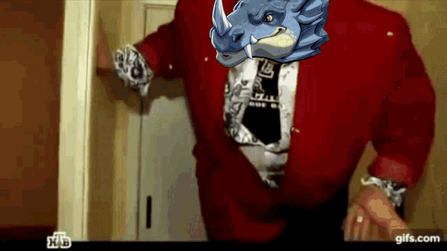 a man in a red jacket and tie with a rhino head on his chest