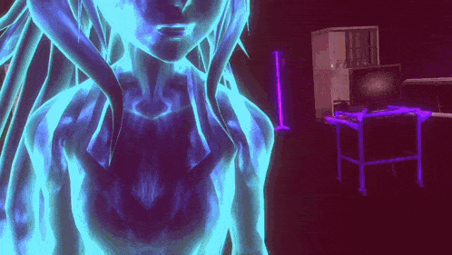 a computer generated image of a girl with a glowing blue body