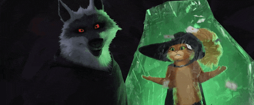 a wolf and a cat are standing next to each other in the dark