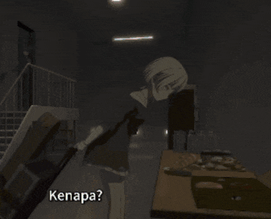 a girl is standing in a dark room with the words kamu makan ya written on the bottom