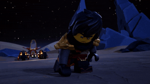 a lego ninjago character standing in a desert looking at another lego character