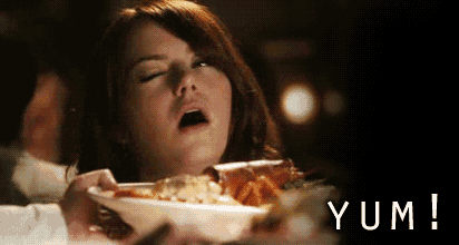 a woman with her mouth open is holding a bowl of food and the word yum is on the bottom right