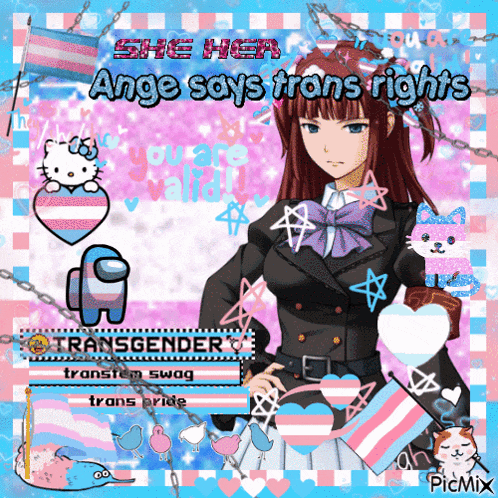 a picture of a girl with the words " she her ange says trans rights "