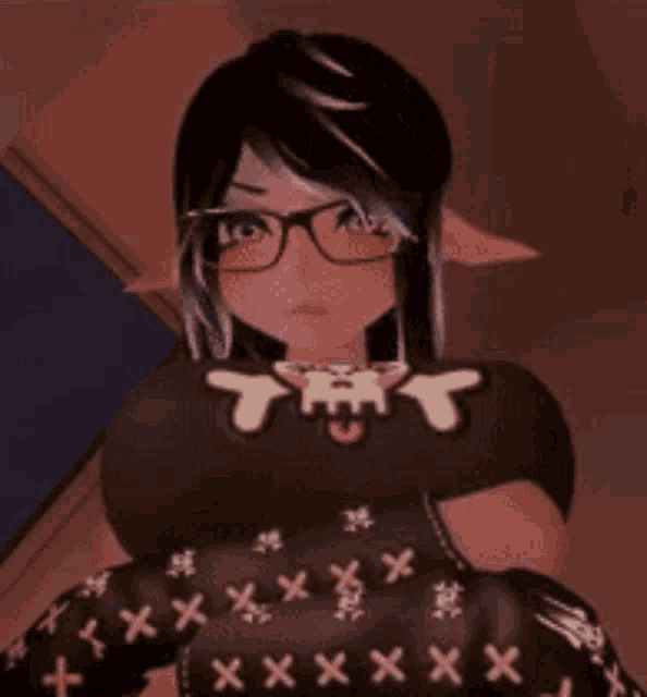 a 3d anime girl wearing glasses and a sweater with a skull on it .