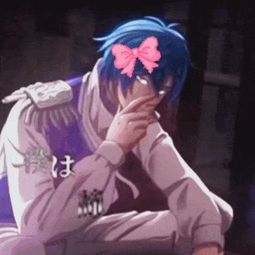 a cartoon character with a pink bow on his head