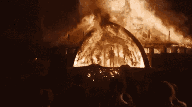 a group of people are standing in front of a burning building at night .